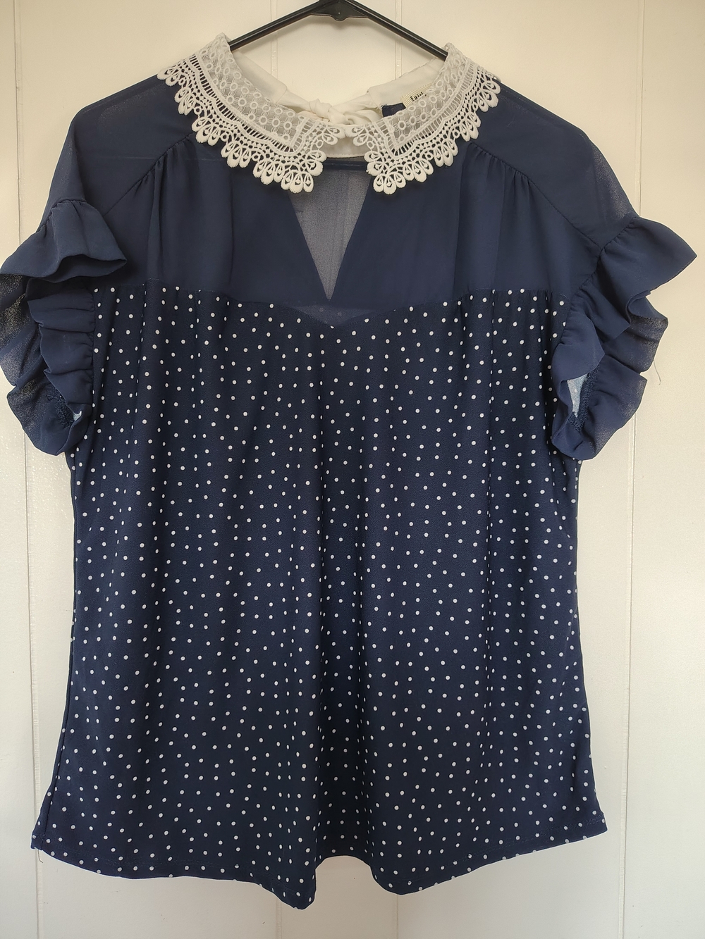 Faith And Joy Women’s Navy Polka Dot Lace Collar Blouse Size L